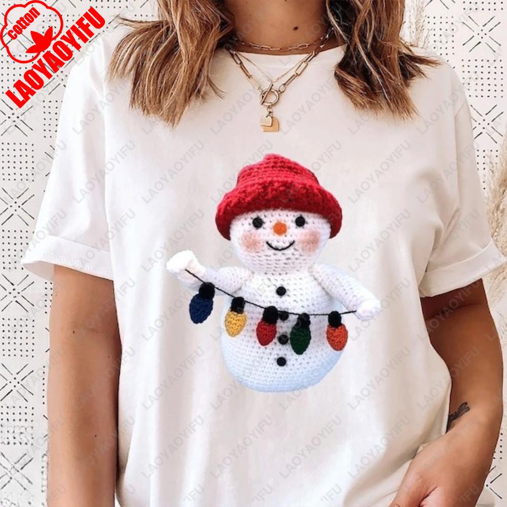 

Lovely Snow Man Doll Christmas Hat Graphic T-Shirt Xmas Holiday Woman Costum Tshirt Unisex Short-sleev Santa Tops Women Clothing 4XL