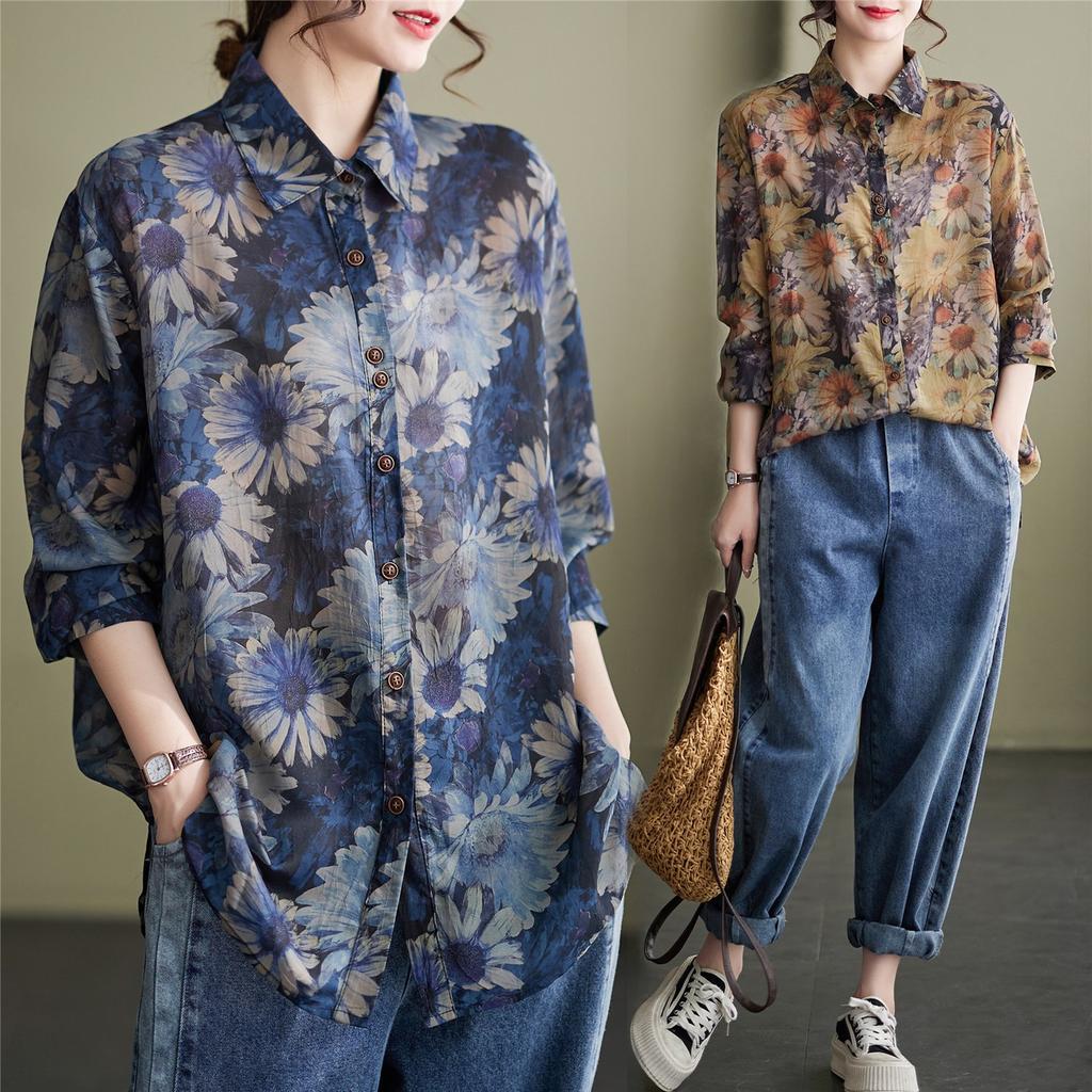 Cotton and Linen Long-sleeved Shirt Women's Spring Retro Printed Temperament Shirt Loose Casual Linen Top