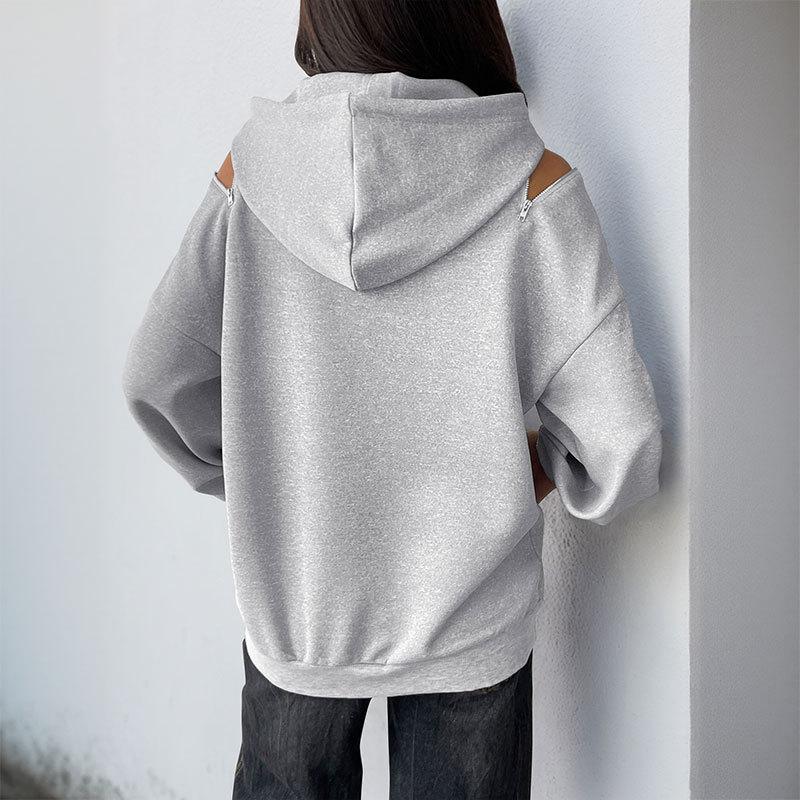 Women's New Long-sleeved Drawstring Hooded Pullover Sweatshirt for Women's Solid Color High-end Gray Slip-shoulder Pocket Sweatshirt