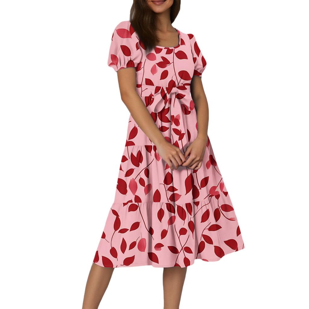 Women's Summer Floral Print Short Sleeves Neck Waistband Bohemian Flowy Maxi Dress With Pockets