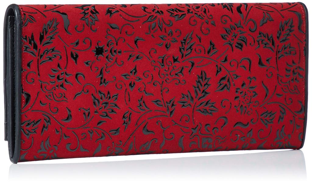Indenya Long Wallet, T-Shaped, Red Deerskin with Black Lacquer Floral Arabesque Pattern, 2311-03-041