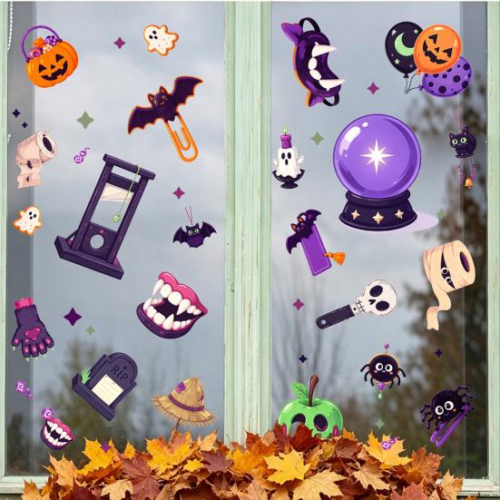 Reusable Glass Decor 2Pcs Halloween Static Window Clings, Sticker with Pumpkin Ghost Bat Indoor Outdoor Art Spider Ball Decals, Wall Stickers for Shop