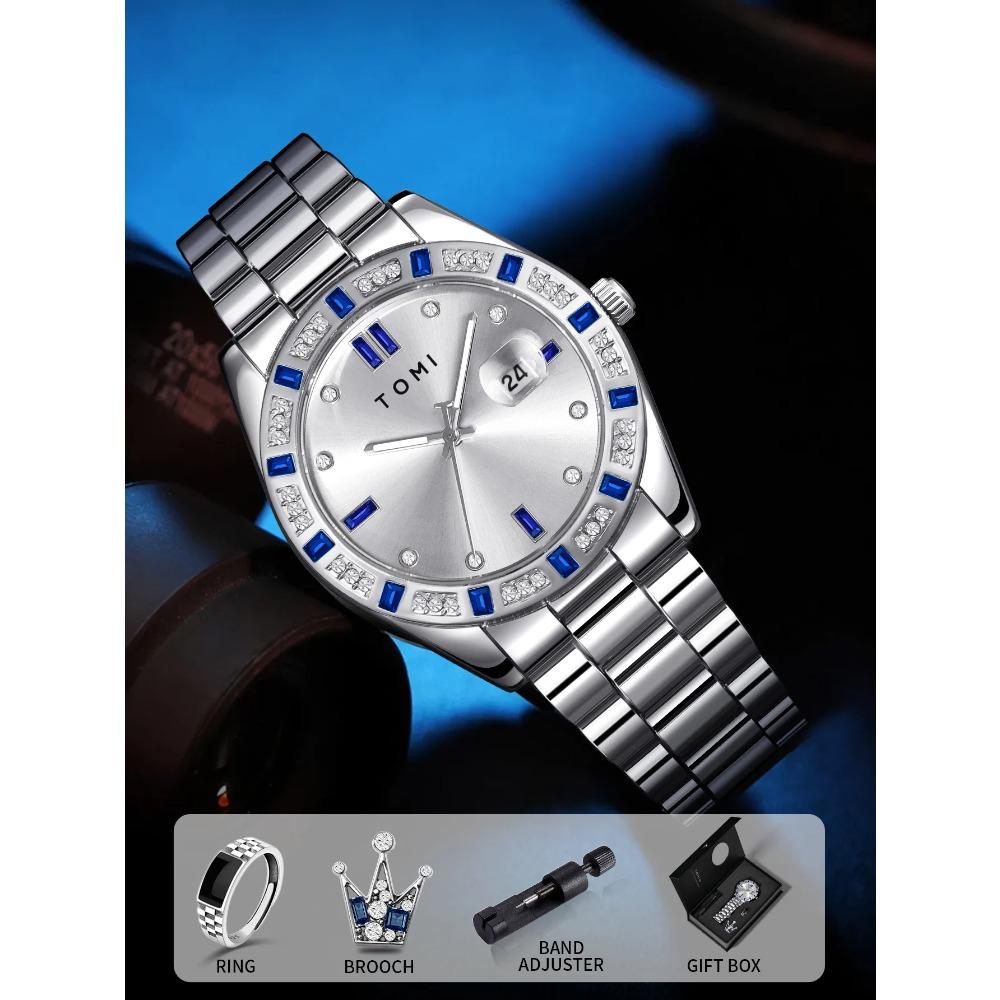 4PCS Luxury Business Men s Watch Gift Box Set Luxury Diamond Case Calendar Stainless Steel Strap Quartz Watch Men s Clock синий