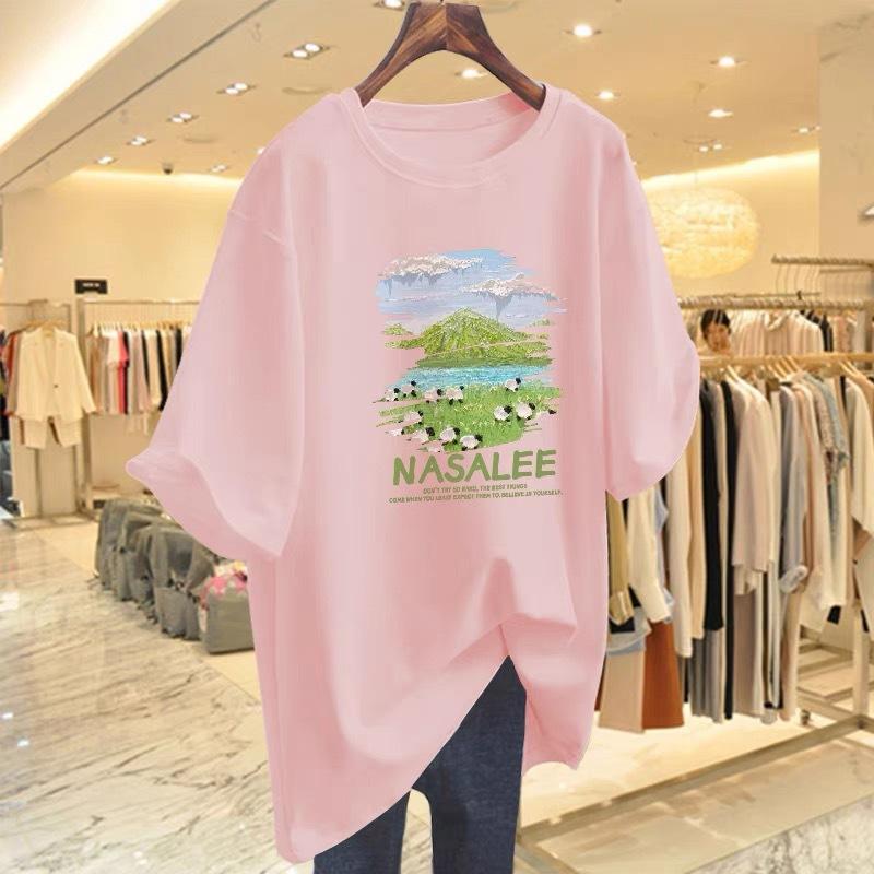

White cotton medium and long short-sleeved t-shirt women s summer new 2025 half-sleeved summer dopamine top ins XXXXL