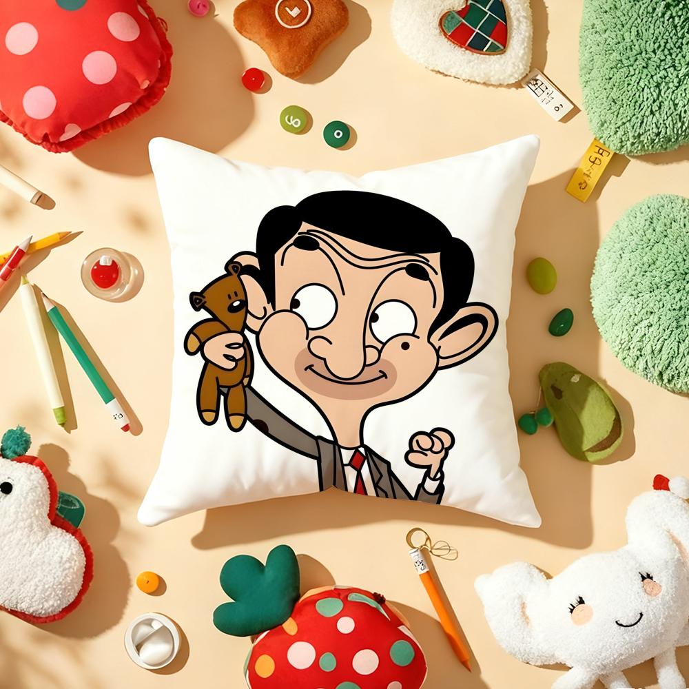 M-Mr. Beans Cartoon Pillow Case Plush Fabric Soft Double-Sided Printed Sofa Warm Winter Home Gift Cushion Cover