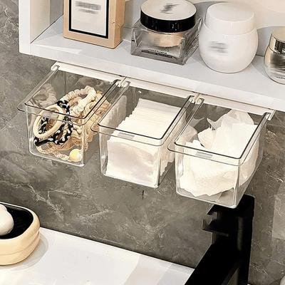 Expandable Plastic Cosmetic Organizer Box with Hanging Mount, Transparent Minimalist Bathroom Storage for Swabs,Makeup Pads
