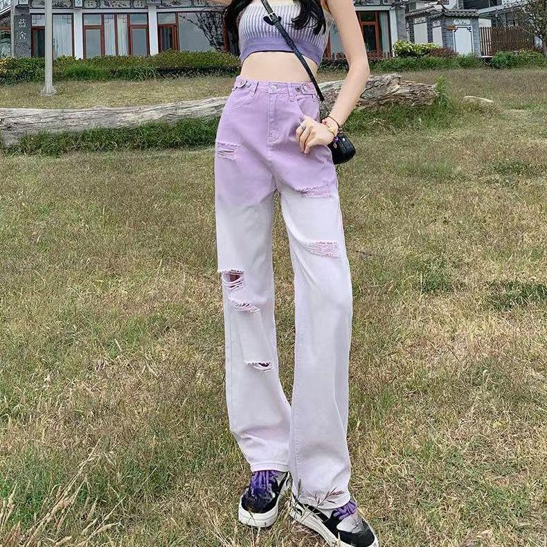 

Сладкие джинсы с высокой посадкой и градиентом, женские, свободного кроя, фиолетовые брюки с широкими штанинами XL фиолетовый