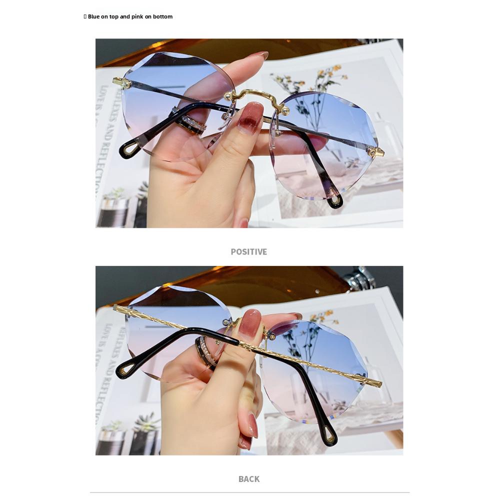 Internet celebrity street shot new polygonal sunglasses women's big face thin marine sunglasses rimless trimmed sunglasses