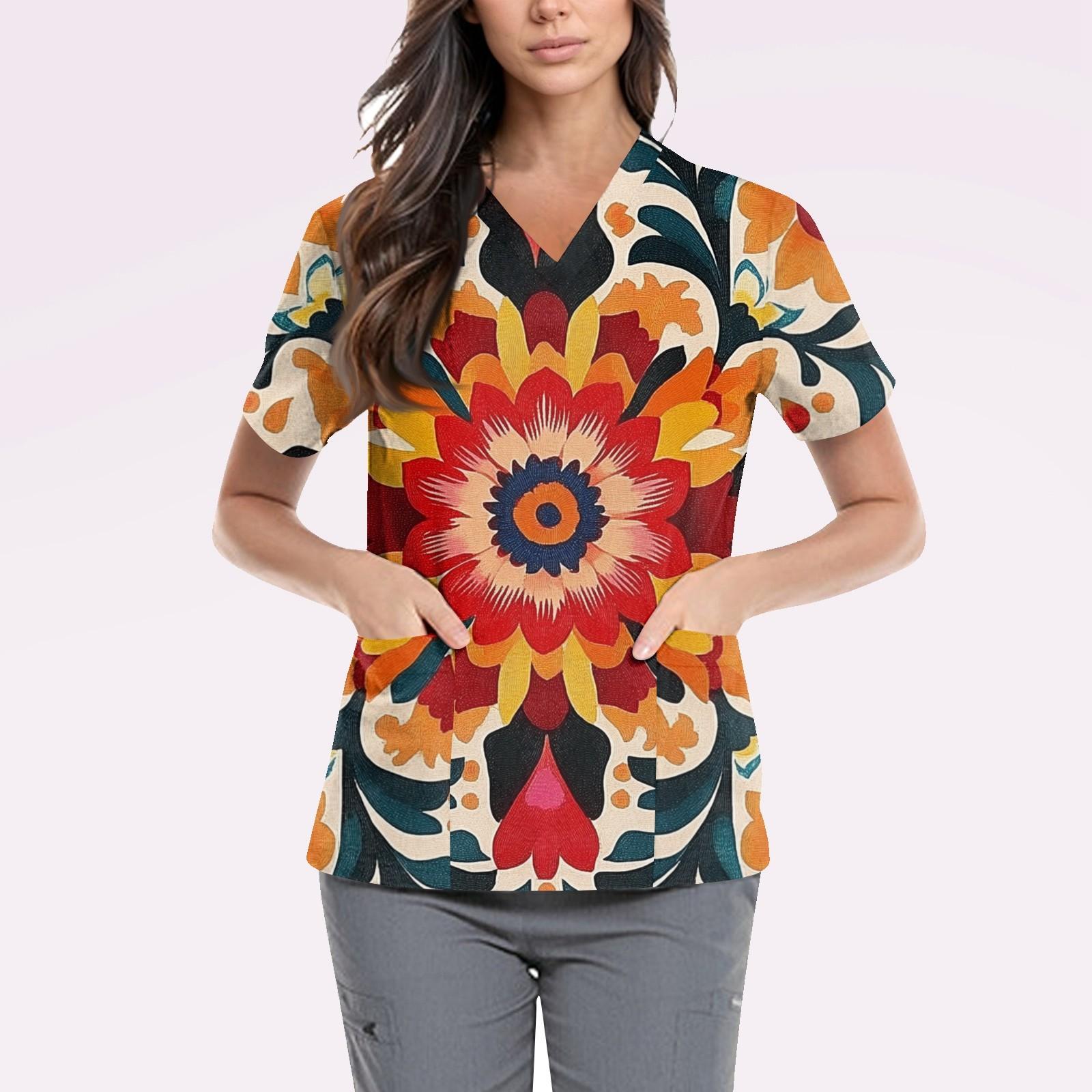 

Женская симпатичная принтованная рабочая одежда с V-образным вырезом, двухслойными карманами, базовым коротким рукавом, пуловером XL винный