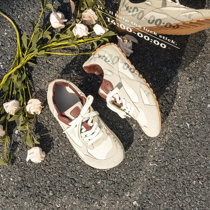 Leather retro women's new versatile round head flat bottom color matching lace-up sports and leisure shoes women