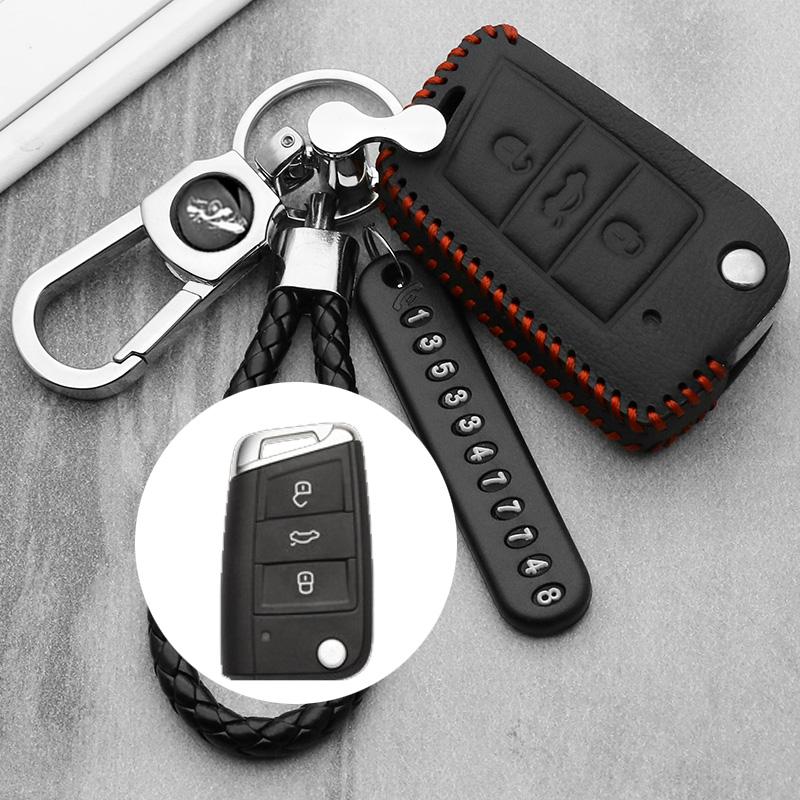Leather Car Key Case For Vw Golf 5 7 Bora Mk6 7 Jetta Polo Passat B5 B6 B8 Skoda Octavia A5 Fabia Seat Ibiza Leon Smart Key Case