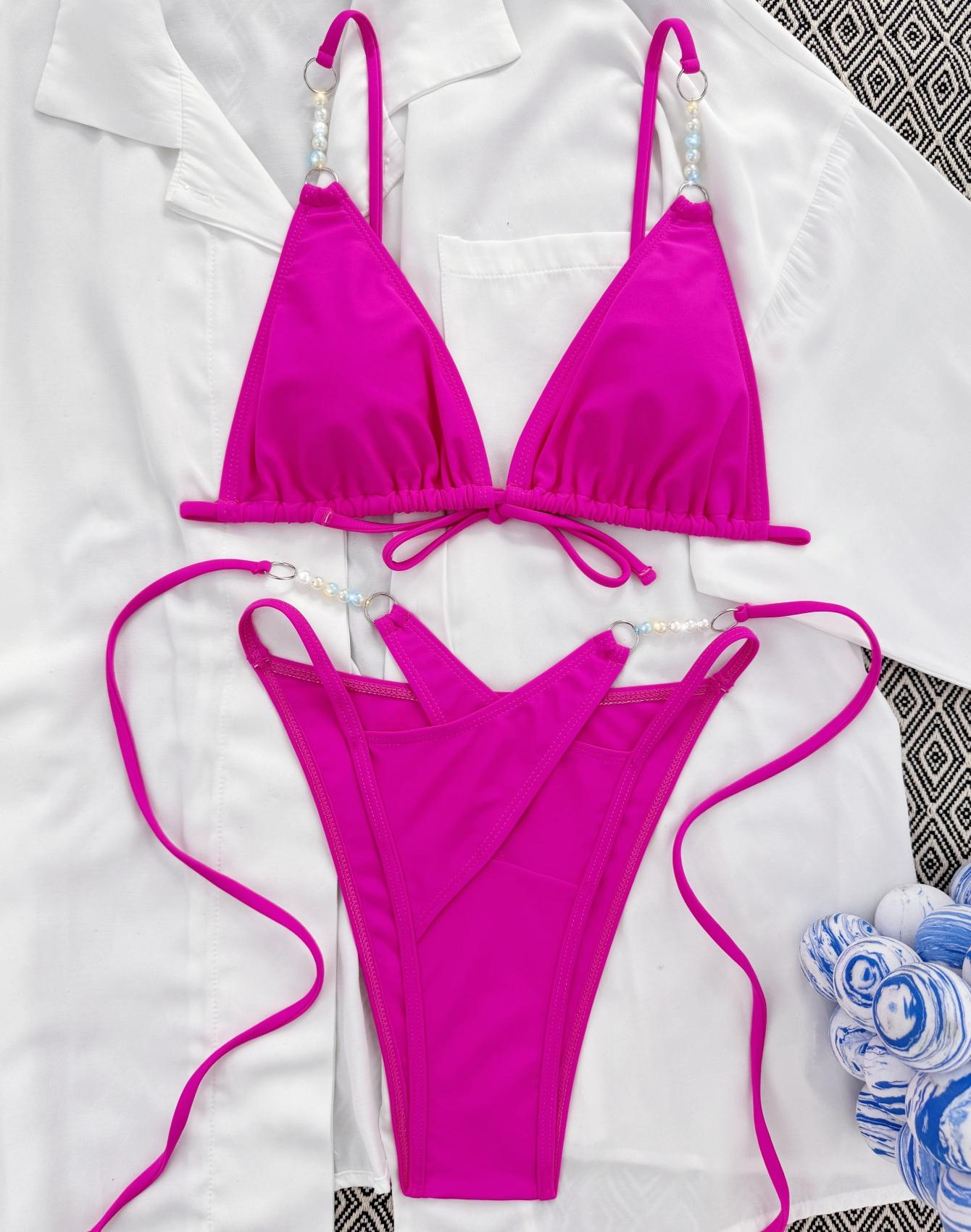 

Женский купальник, однотонный, треугольный, с завязками, с раздельными чашечками, купальник, бикини, пляжная одежда, купальные костюмы M розовый