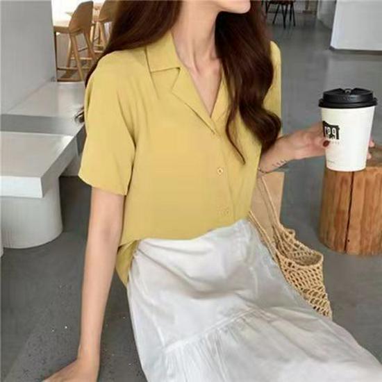 2021 Spring Retro Korean Style Women's Short Sleeve Lapel Shirt