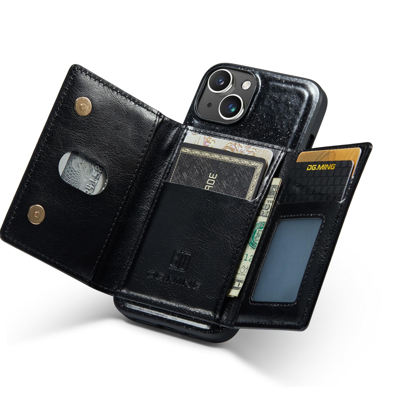 

DG.MING M3 Series For iPhone 15 Detachable Magnetic Wallet Case Glittery Leather Coated PC+TPU Kickstand Phone Cover Black