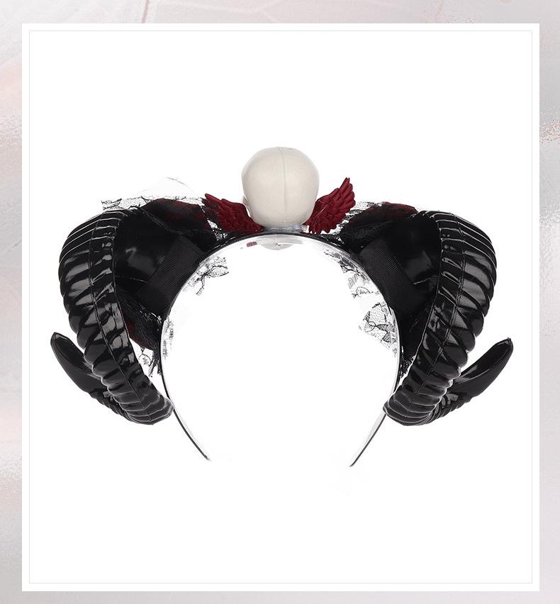 Gothic Ram Horns Headband with Red Rose - Halloween Demon Costume Accessory