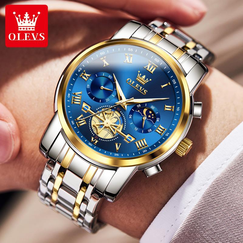OLEVS Top Original Quartz Men's Watches Classic Roman Scale Dial Moon Phase Waterproof Luminous Luxury Wrist Watch for Male