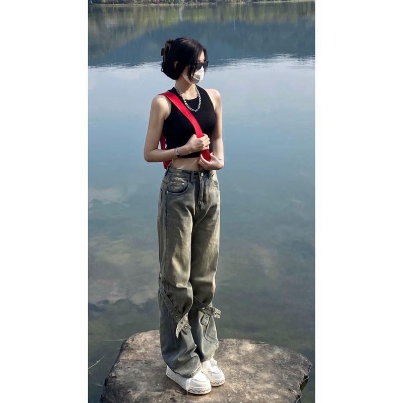 Fashion High Street Hiphop Yellow Mud Dyed Denim Women's Spring and Summer Niche Design Trendy Smooth Straight-Leg Trousers