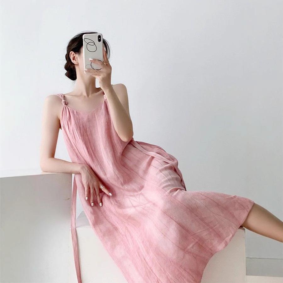 Women's French Retro Off-Shoulder Pink Tie-Dye Camisole Dress for Summer Vacations