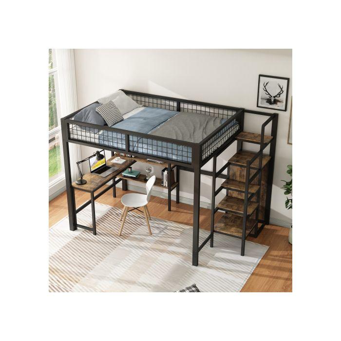 Hochbett - MUVOE - 140x200 cm - Schwarzes Metall - Integrierter Schreibtisch - Aufbewahrungsregale