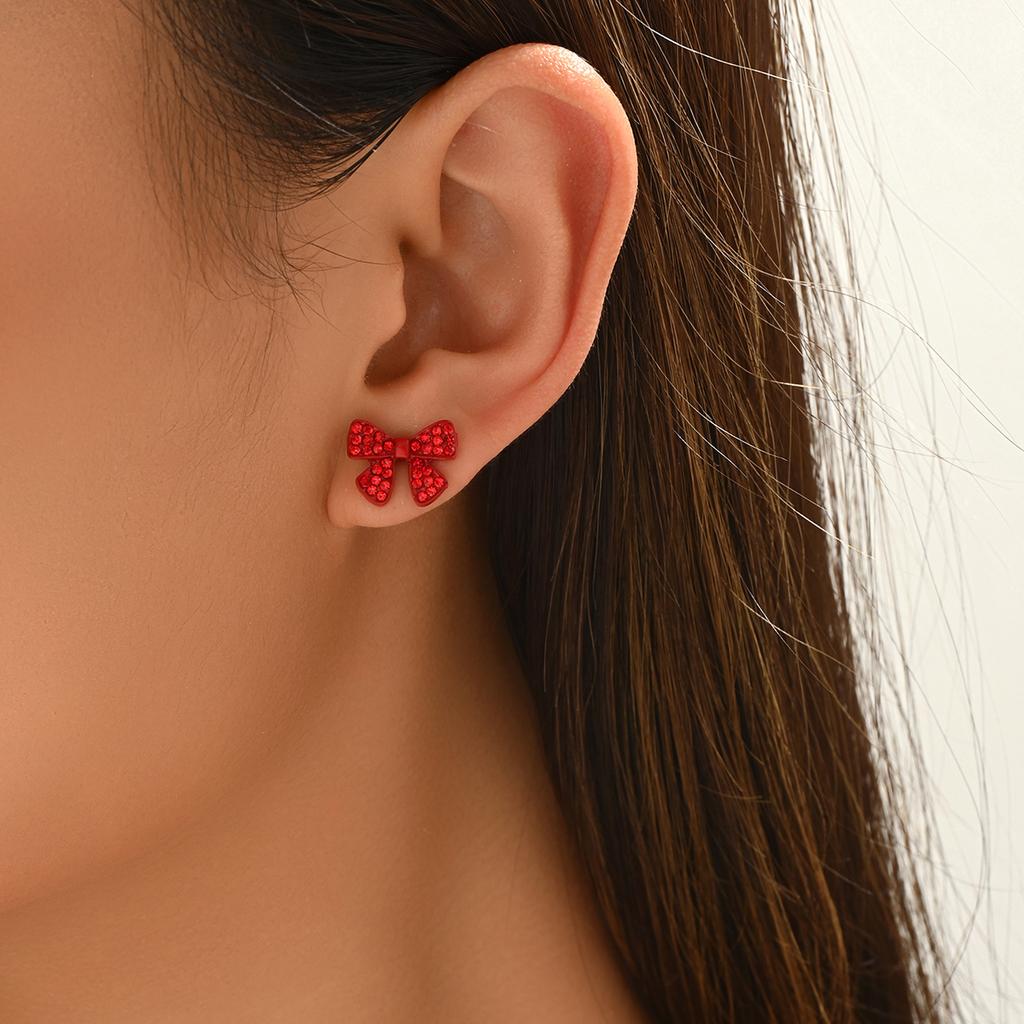 Sparkle Red Bow Tiny Stud Earrings Cute Rhinestone Earrings Women‘s Korean Style Chic Weddings & Holiday Jewelry Unique'Gift