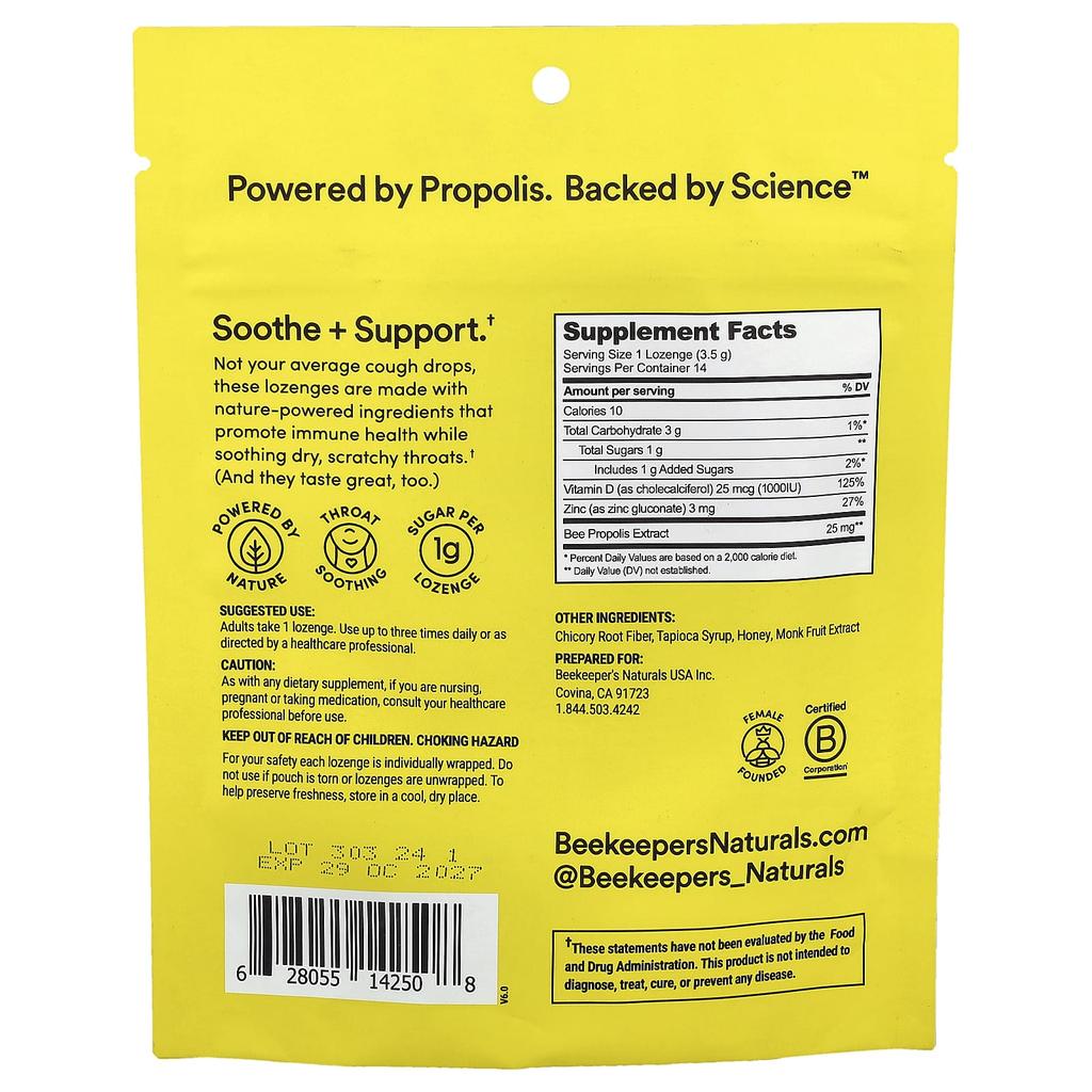 Beekeeper's Naturals Propolis Soothing Lozenges, Honey, 14 Lozenges, 50G (1.76Oz)