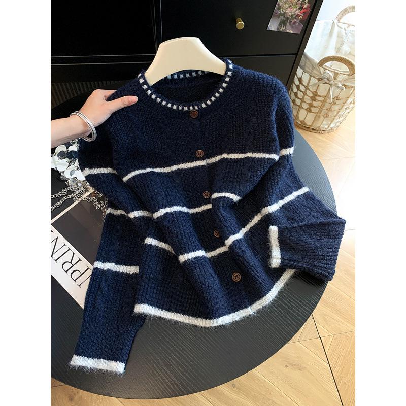2026 Autumn Korean Style Loose Striped Knit Cardigan Women's Trendy Sweater Coat