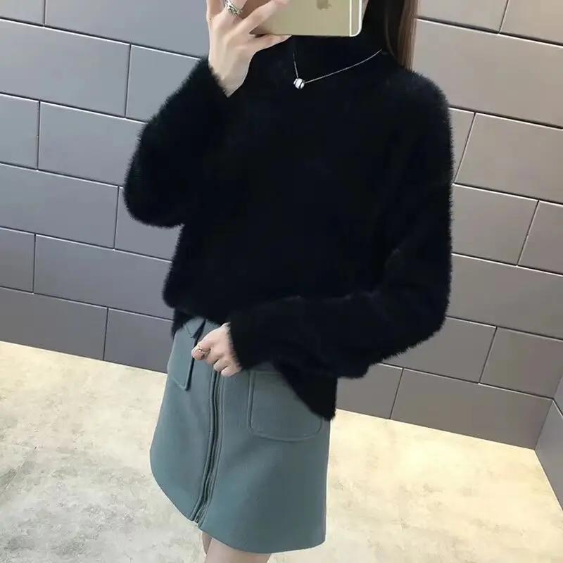 Women Sweaters Imitation Mink Fur Thick Soft Plush Turtleneck Casual Knitted Tops Warm Loose Pullover Sweater