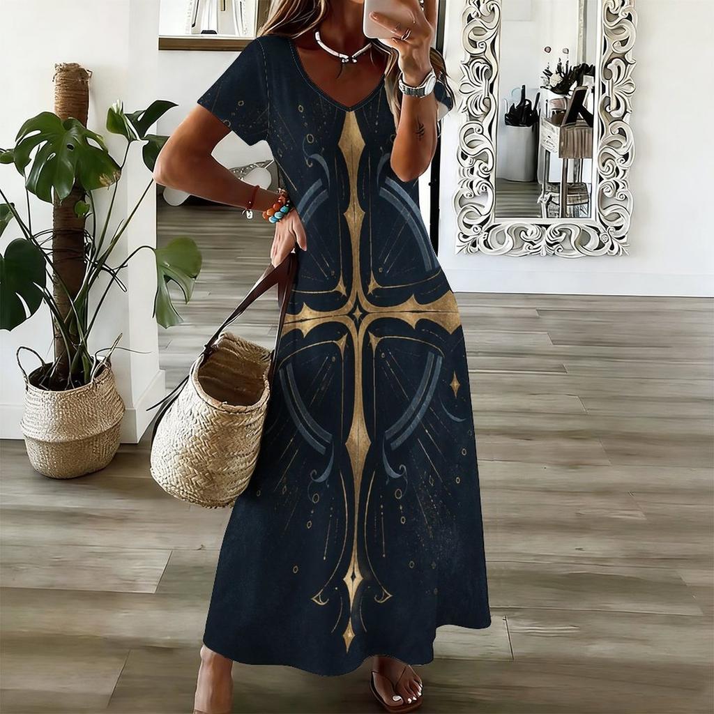Women Plus Size V Neck Short Sleeve Printed Dark Blue Straight Maxi Dress