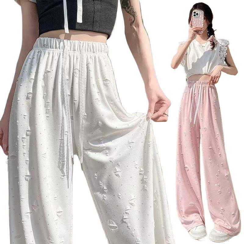 Damen Sommer locker Eis Seide zerrissen Strass Weites Bein Hose Übergröße