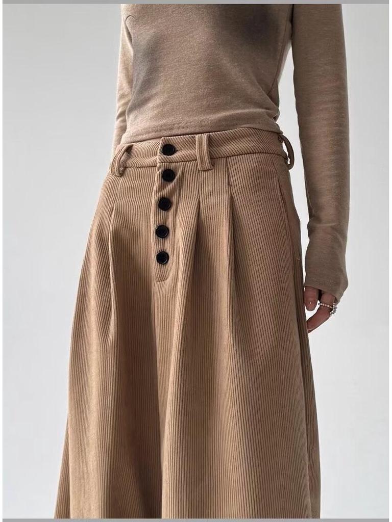 2024 Autumn/Winter Women's Corduroy Wide-Leg Pants - Single-Breasted Pleated Design, Slimming Fit