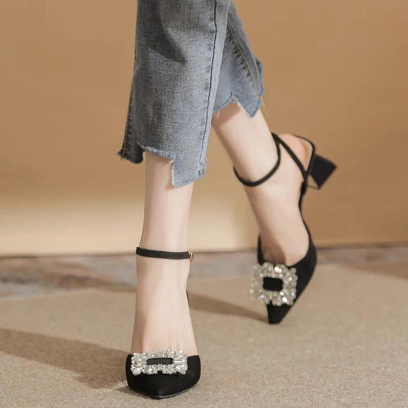 Ankle Strap Crystal Sandals for Women Pointed Toe High Heels  Shiny Rhinestones Square Heeled Pumps