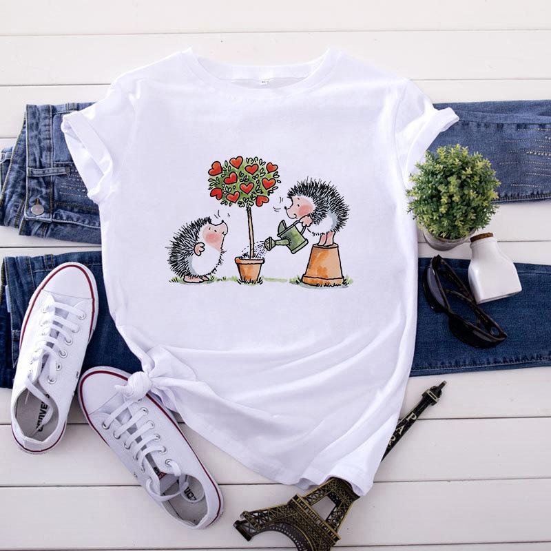 Cute Hedgehog Red Heart Balloon Print T Shirt Women Cartoon Animal Love Graphic Short Sleeve Valentine Casual Aesthetic Tee