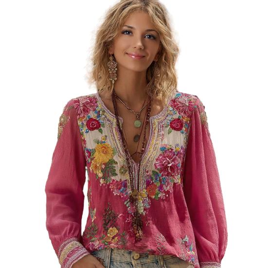 Damska Koszula Oversize z Dekoltem V Długi Rękaw Casualowa Wiosna Jesień Koszula z Wzorem Drukowanym 3D Oddychająca