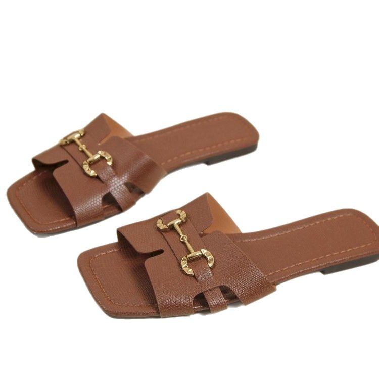 Summer New Outer Wear Metal Buckle Square Head Flat Bottom Slippers Women's Sandals European and American Large Size Slippers Women