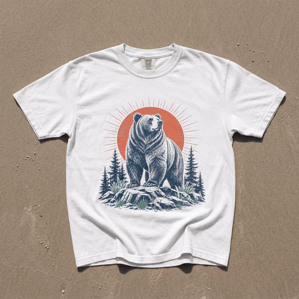 Grizzly Bear T-Shirt, Forest Sunburst Wildlife Graphic, Retro Wilderness Nature Art, Comfort Colors® Bear Lover Gift