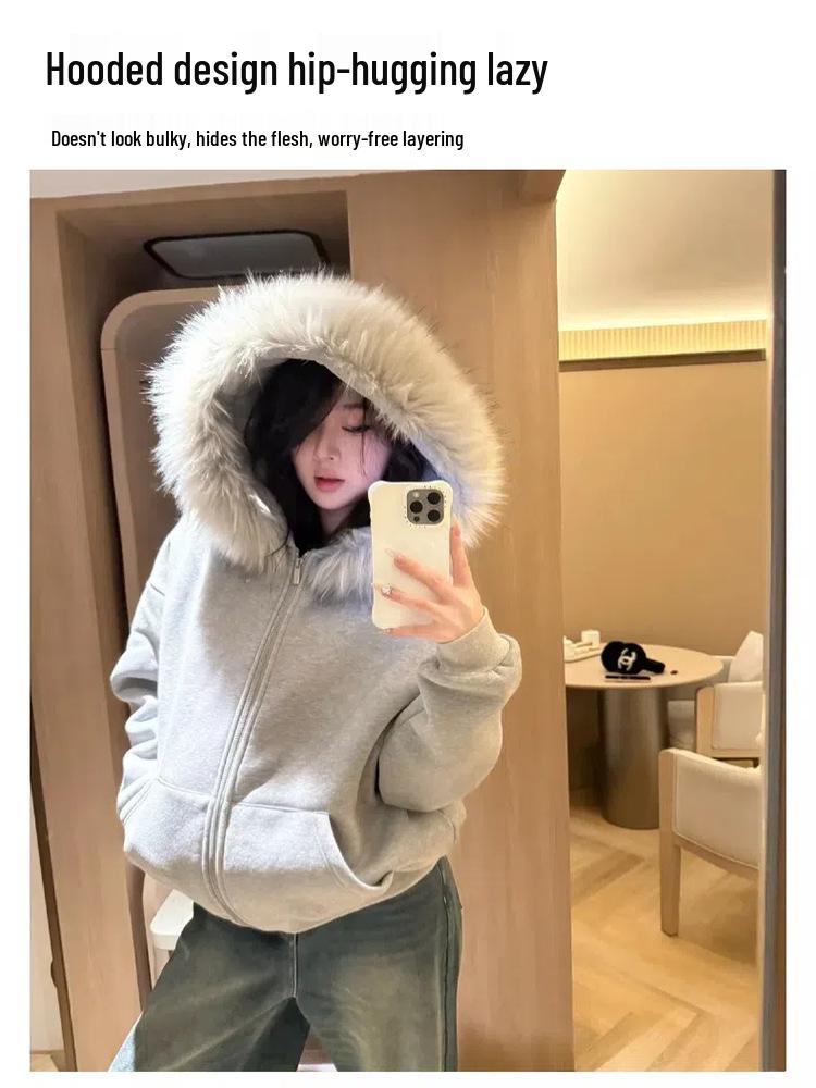 Women's Grey Fur Collar Fleece-Lined Hoodie, Korean Style, Small Size, 2025 Autumn/Winter Collection.