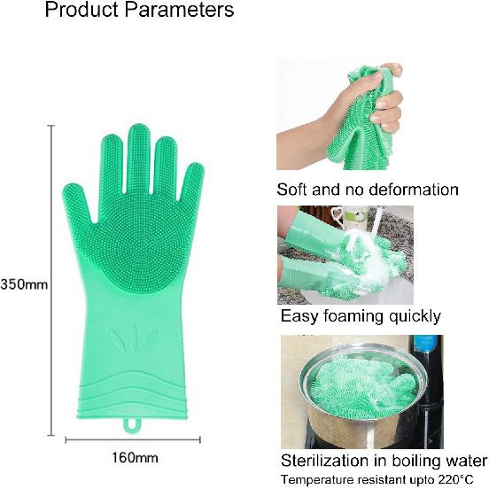 Dishwashing Gloves Silicone Reusable 2 sided Foaming Heat Resistant Scrubber for Kitchen 1 Pair