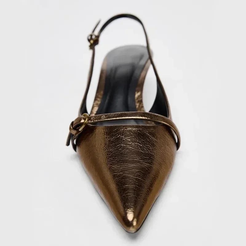 Fashion Elegant Kitten Heel Sandals Women Sexy Pointed Toe Gold Copper Heels Luxury Buckle women Pumps Low Heel Slingback Mules Sandal