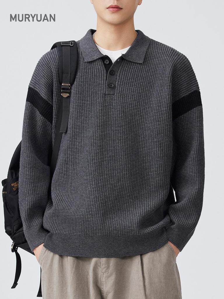Mu Yuan Men's Retro Autumn/Winter Knit Polo Sweater - American-Style Casual Top