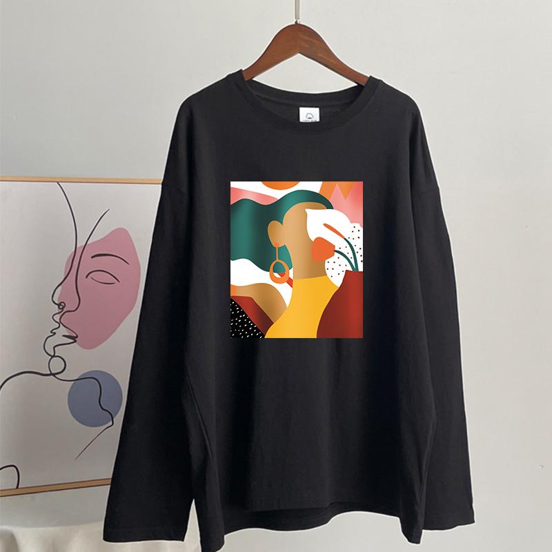 Hirsionsan Vintage Printed Long Sleeve T-shirt Women Loose 100% Cotton O-neck Tees Female Chic Aesthetic Graphic Pullover 2023