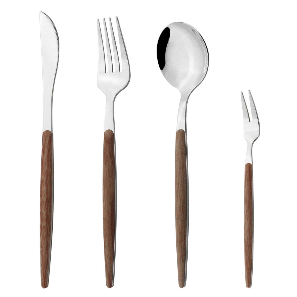 

Золотий набір столових приборів із 4 предметів Посуд із нержавіючої сталі Посуд із дерев’яною ручкою Глянцевий ніж Виделка Ложка Набір срібного посуду для кухні Western b brown silver срібний/коричневий