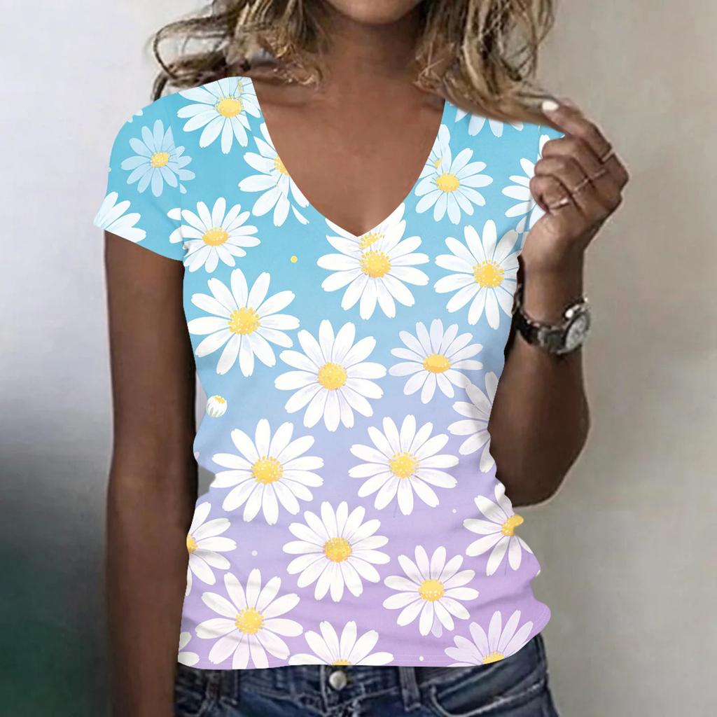 Women Casual V Neck Short Sleeve Floral Print T Shirt Lightweight Soft Fabric Comfortable Fit Summer Top