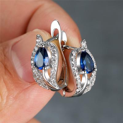 1 Pair Exquisite Waterdrop Cut Blue White Red Purple Stone Clip On Earrings Leaf Style Hoop Earrings Romantic Valentine's Day Gift