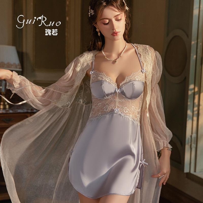 Women's Satin Lace Sheer Low Cut Push Up Padded Sleep Dress with Robe Lounge Set
