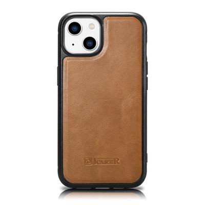 Case Covered with Natural Leather for iPhone 14 Plus Leather Oil Wax Light Brown