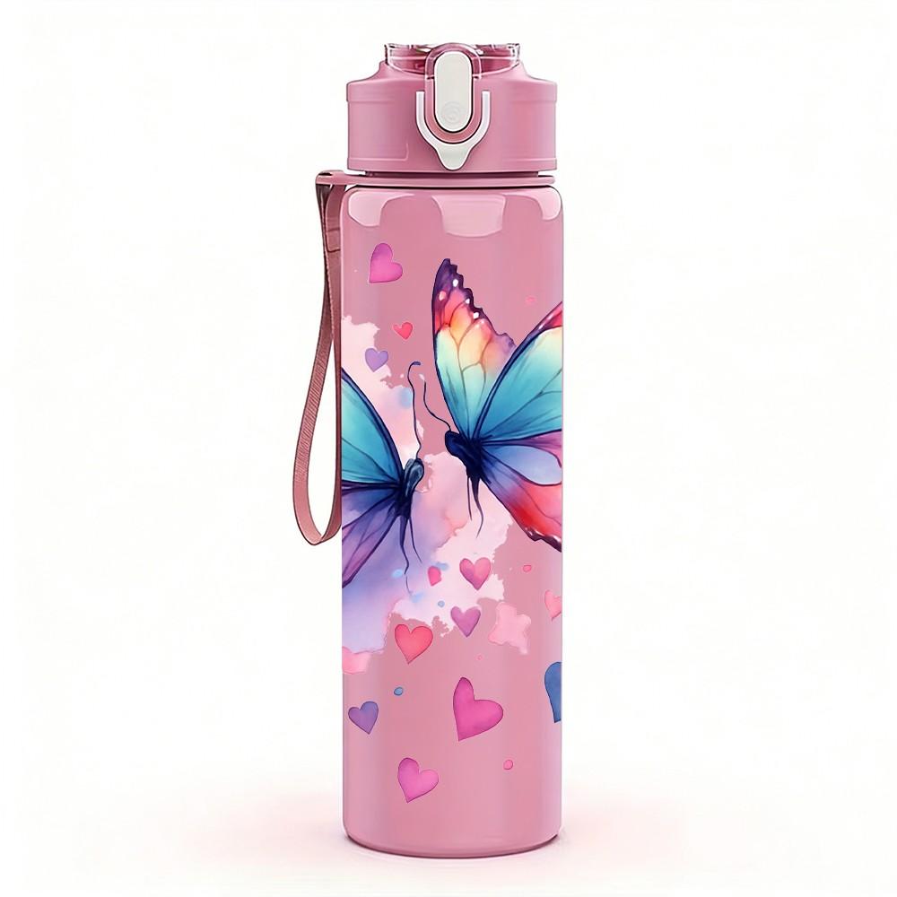 1PC Colorful Butterfly Wing Art Print 750ml Color Plastic Sports Water Bottle Leakproof Flip Straw Lid Suitable for Sports Office Home Use