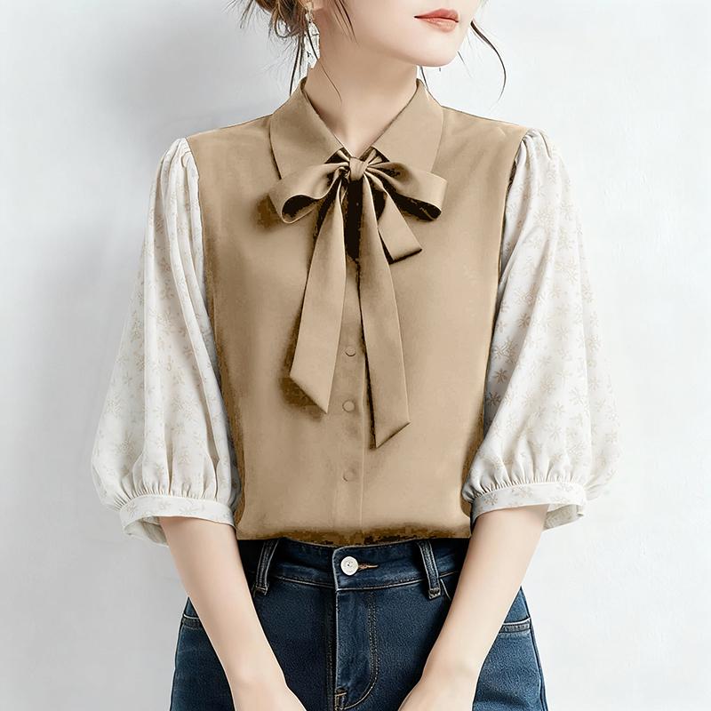 

ZANZEA Женская повседневная блузка свободного кроя с рукавом 3/4 и воротником с бантом 4XL хаки