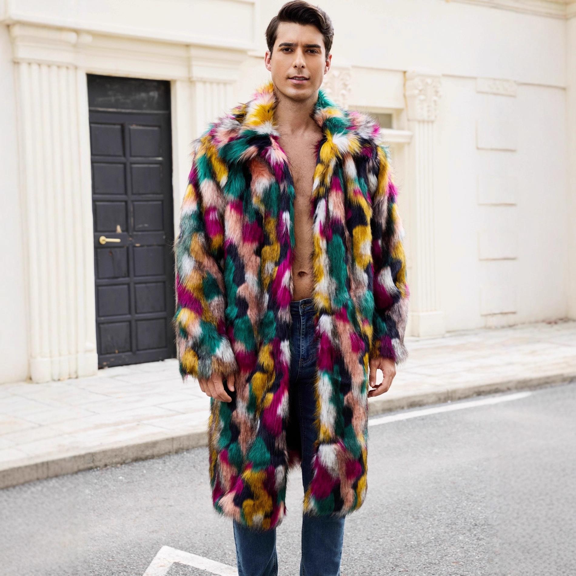 Lapel Collar Faux Fur Coat for Men Winter Long Faux Fur Jackets Coat Fluffy Trench Fake Fur Jacket Men s Long Sleeve Outerwear Warm Parka Overcoat S разноцветный