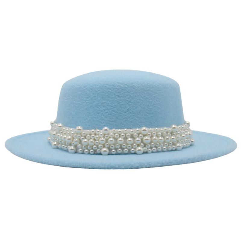 French Retro Woolen Top Hat Women'S Flat Top Pearl Felt Hat Wide Brim Sunshade Sunscreen Hat