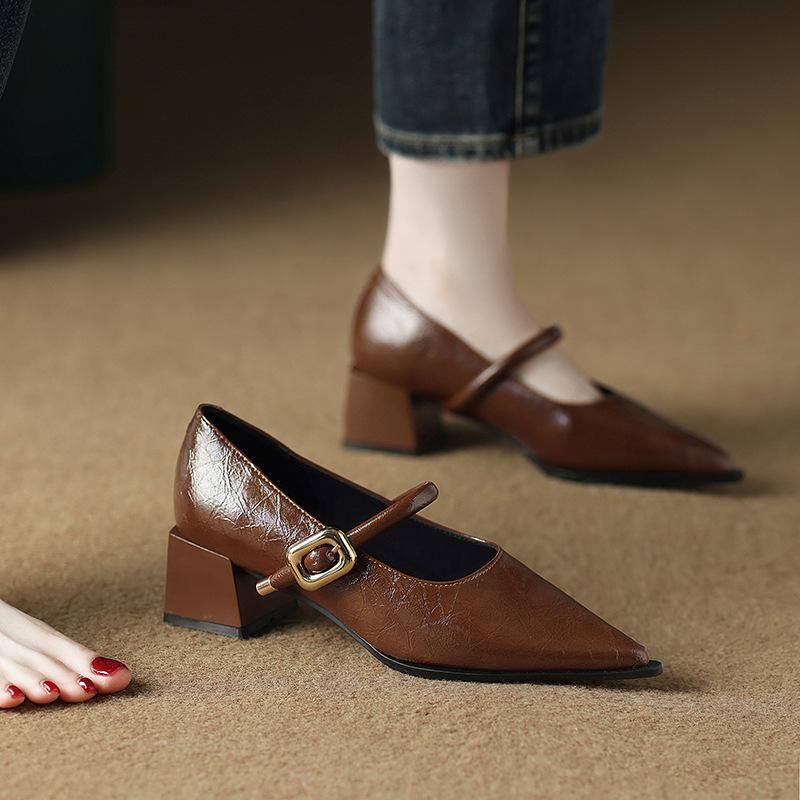 83656-1 Huidong County Daling Schuhe Mary Janes Damenschuhe Dicker Absatz Hohe Absätze Frühling Einzelne Schuhe Damen Spitz Kleine Lederschuhe